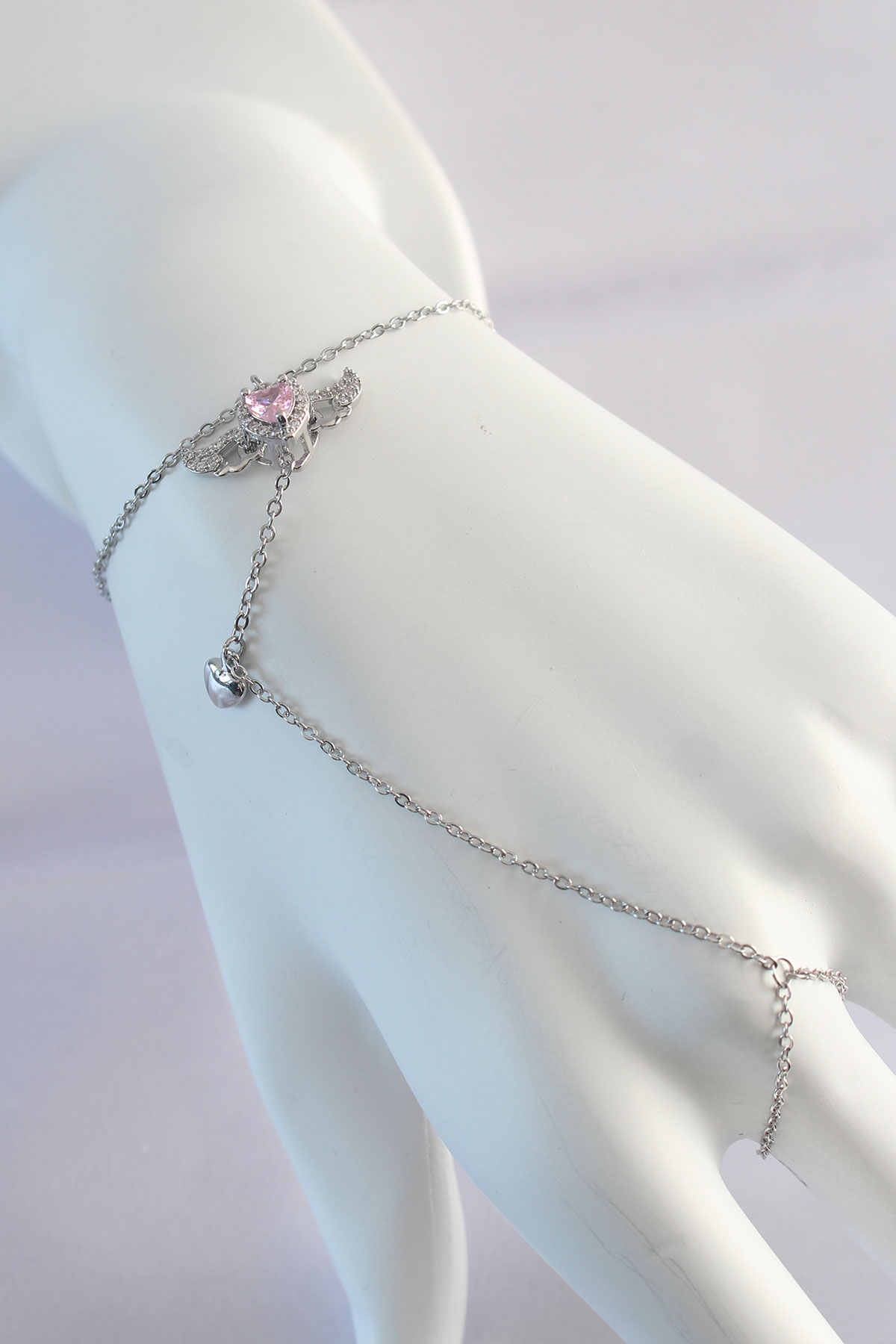 1716298235-sn584-3 316L Çelik Gümüş Renk Pembe Zirkon Taşlı Kanatlı Kalp Model Şahmeran - Lisinya - Görsel 1