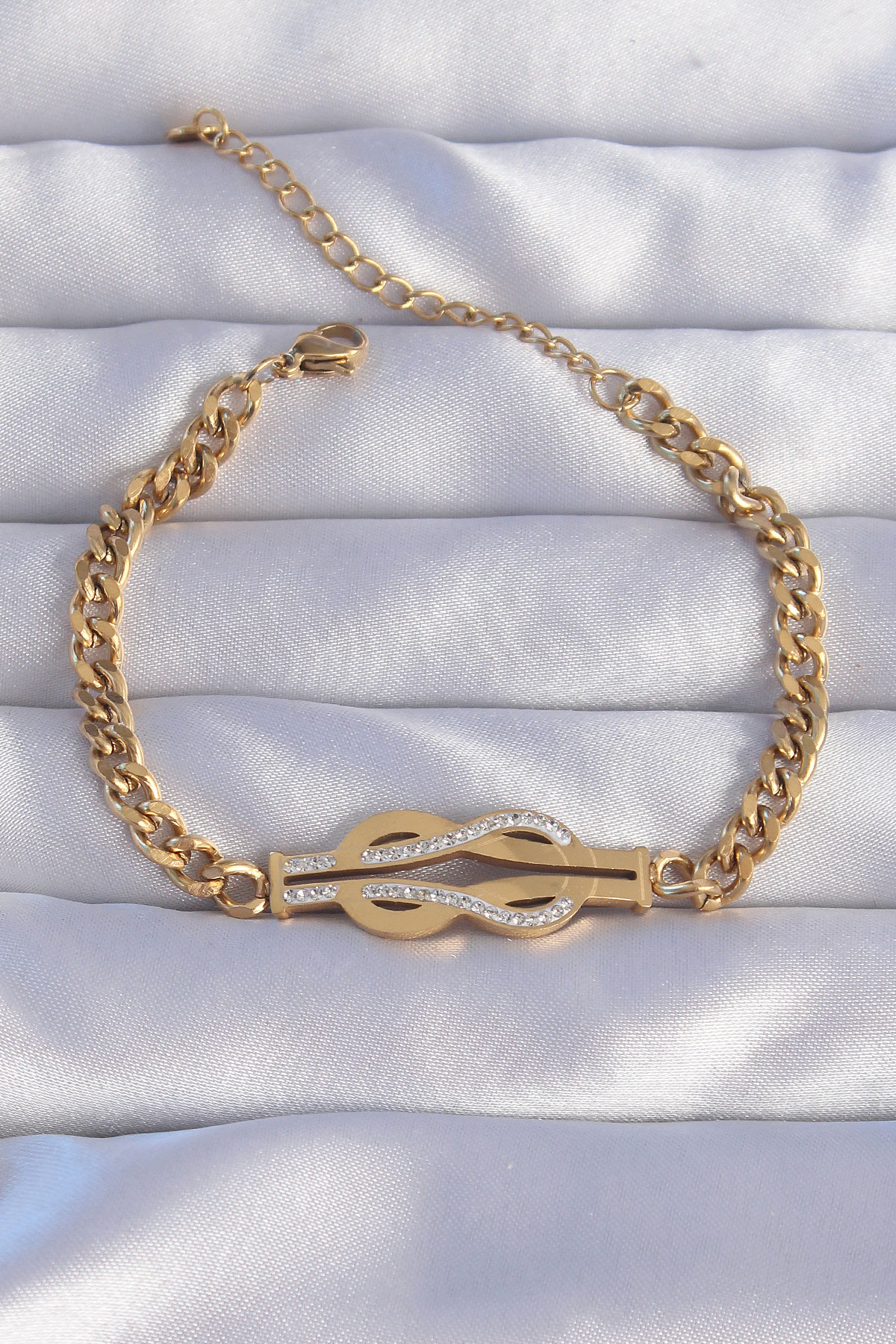1722674432-bb6205 316L Çelik Gold Renk Zirkon Taşlı Kemer Tokası Model Zincir Bileklik - Lisinya - Görsel 1