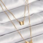 316L Çelik Gold Renk 2'Li Simli Kelebek Model Kadın Kolye - Lisinya