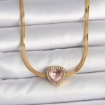 316L Çelik Gold Renk İtalyan Zincir Pembe Zirkon Taşlı Kalp Model Kadın Kolye - Lisinya