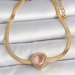 316L Çelik Gold Renk İtalyan Zincir Pembe Zirkon Taşlı Kalp Model Kadın Bileklik - Lisinya