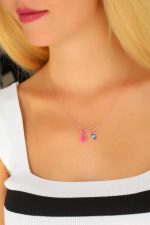 Nazar Boncuklu Pembe Renk Taşlı Rose Bayan Kolye - Lisinya - Görsel 2