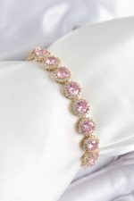 Pirinç Pembe Zirkon Taşlı Daire Baget Model Gold Renk VIP Seri Kadın Bileklik - Lisinya