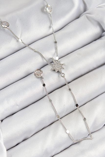 Pirinç Zirkon Taşlı Kutup Yıldızı Model Gümüş Renk Y Kolye - Lisinya