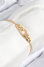 Pirinç Zirkon Taşlı Zincir Model Gold Renk Asansörlü Kadın Bileklik - Lisinya