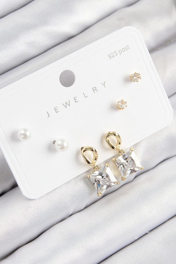 Pirinç Zirkon Taşlı Sallantılı Kare Model Gold Renk 925 Ayar Gümüş Çivi Kadın Küpe Set - Lisinya