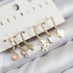 Pirinç Zirkon Taşlı Hello Kity Ve Yonca Model Gold Renk 6'lı Küpe Set - Lisinya