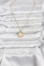 316L Çelik Zincir Gold Renk İstiridye İnci Model Zirkon Taşlı Kadın Kolye - Lisinya - Görsel 2