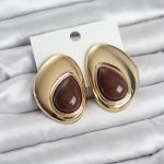 Pirinç Gold Renk Kahverengi Taşlı Damla Model Vintage Kadın Küpe - Lisinya