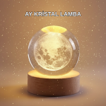 8 cm Ay Desenli Kristal Küre Sıcak LED Işıklı Ahşap Tabanlı Oda Lambası - Lisinya
