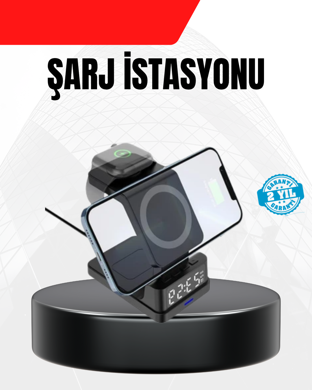 5-70 LED Dijital Saatli Kablosuz Şarj Cihazı – 3 Parlaklık Ayarlı, Şarj Koruma Teknolojili - Lisinya - Görsel 1