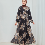 Yaprak Desenli Zarif ve Şık Uzun Boy Büyük Beden Astarlı Şifon Elbise ( Lisinya )