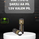 USB Type-C Girişli Şarjlı AA Lityum Pil | 1.5V Sabit Çıkış | 3200mWh (2'li Paket) - Vipsepet