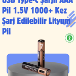 USB Type-C Şarjlı AAA Lityum Pil | 1.5V Sabit Voltaj, 1000+ Şarj Döngüsü ile Uzun Ömür - Vipsepet
