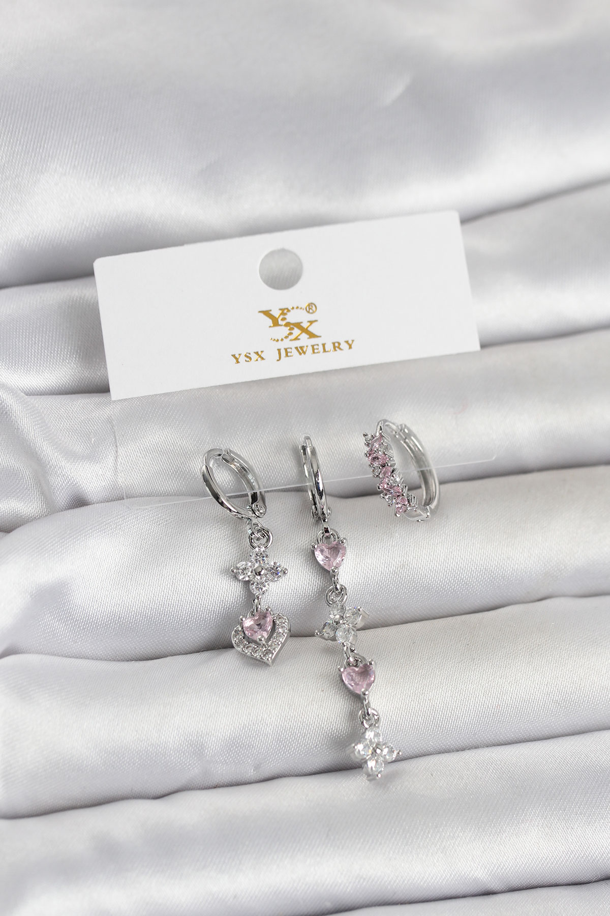 1775056334-bkp11706 Pirinç Gümüş Renk Pembe Zirkon Taşlı 3'lü Kadın Küpe - Vipsepet - Görsel 1