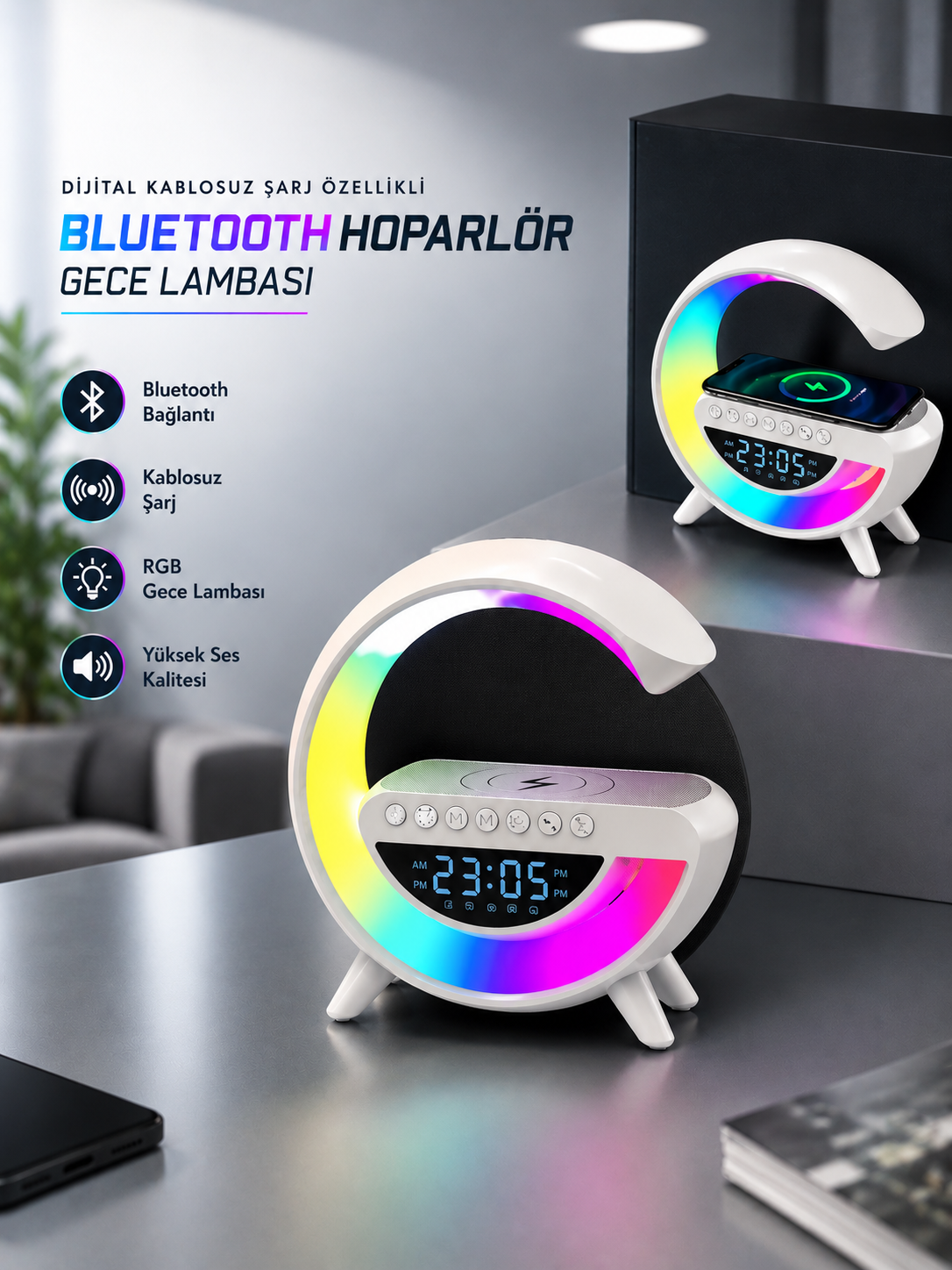 046c909b-dddf-4cbc-a5b6-f744fea514d4 Bluetooth Hoparlör 15W Kablosuz Hızlı Şarj LED Gece Lambası - Vipsepet - Görsel 1