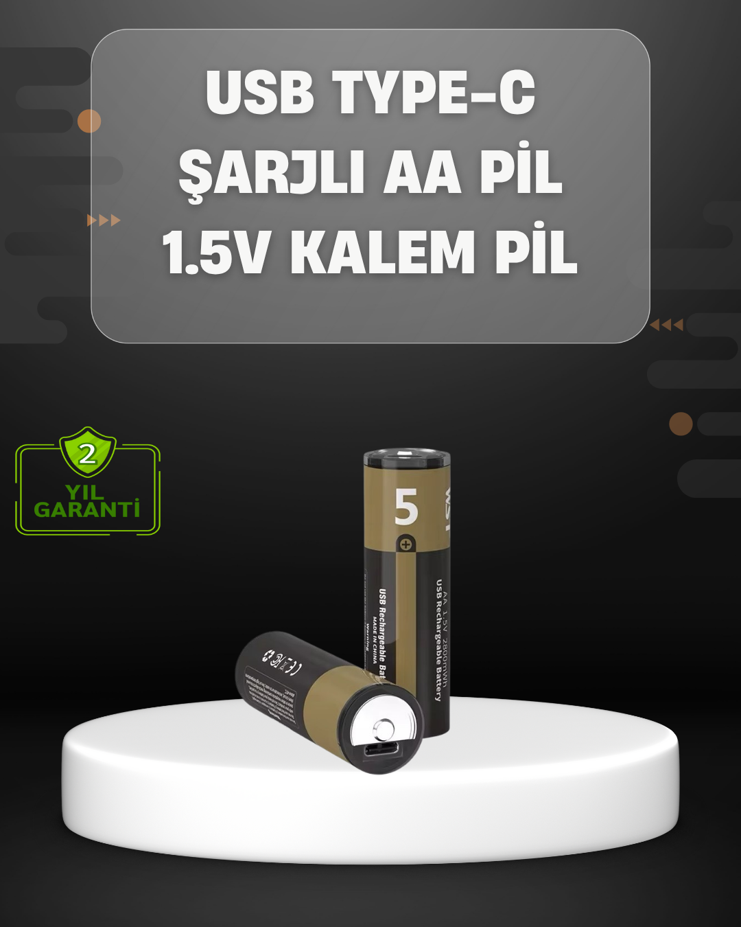 1-1 USB Type-C Girişli Şarjlı AA Lityum Pil | 1.5V Sabit Çıkış | 3200mWh (2'li Paket) - Vipsepet - Görsel 1