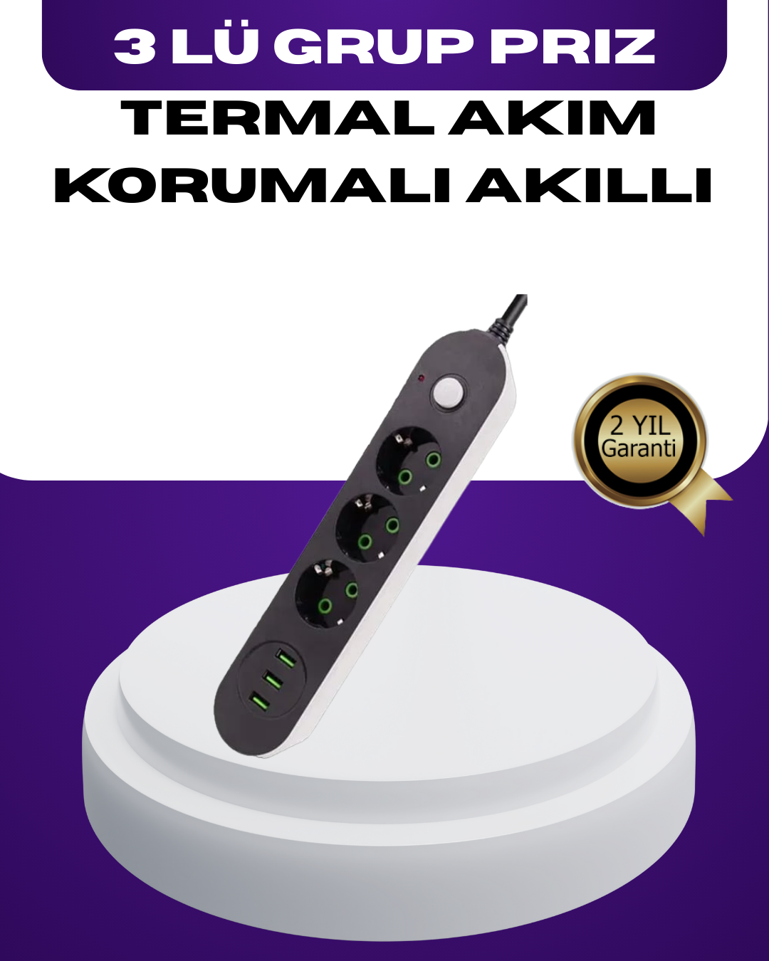 1-102 USB Yuvalı Anahtarlı Üçlü Priz 2 Metre Kablolu - Vipsepet - Görsel 1