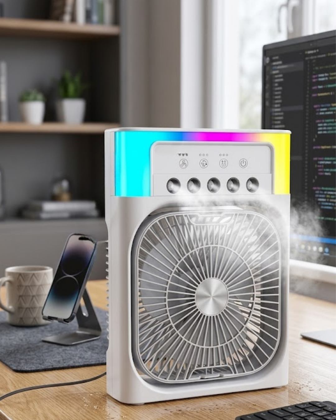 1-105 Su Püskürtmeli Mini Klima Fan USB Şarjlı Masaüstü Soğutucu RGB Işıklı - vipsepet - Görsel 1