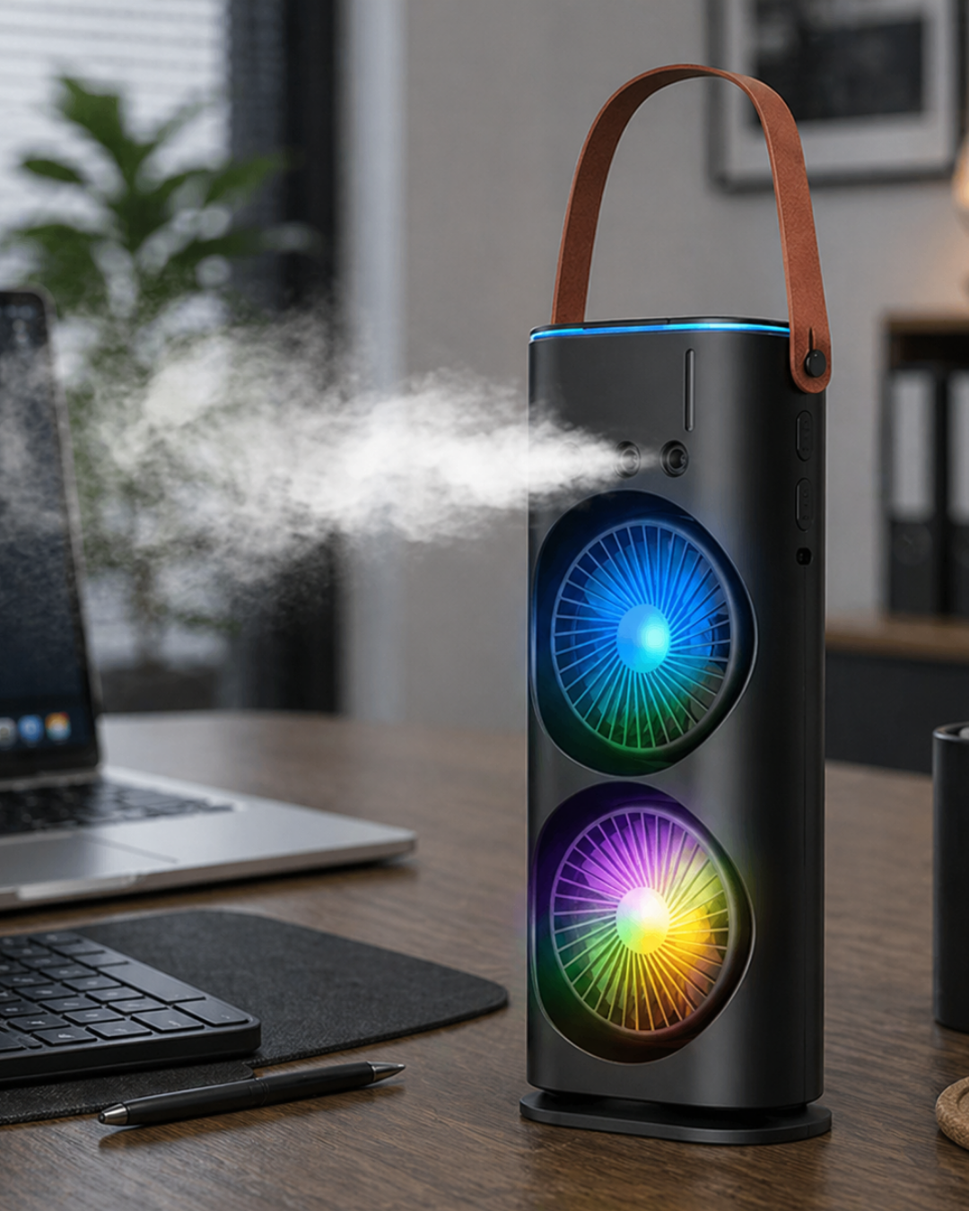 1-107 Çift Başlıklı Taşınabilir Fan RGB Işıklı Sprey Nemlendiricili Masaüstü Serinletici Fan - Vipsepet - Görsel 1