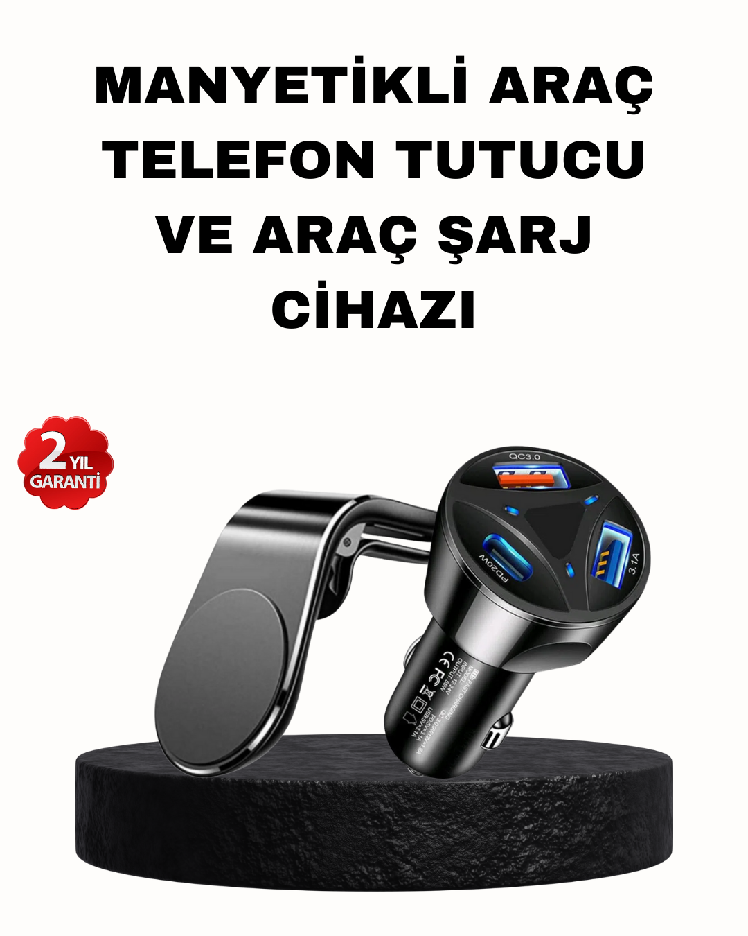 1-14 Manyetik Araç Telefon Tutucu ve Hızlı Şarj Adaptörü 2’li Set - vipsepet - Görsel 1