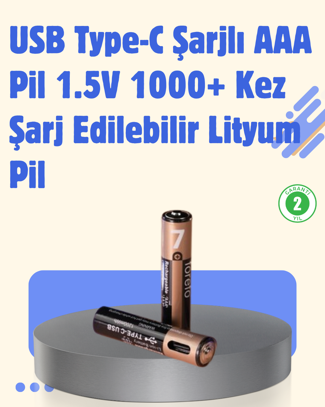 1-2 USB Type-C Şarjlı AAA Lityum Pil | 1.5V Sabit Voltaj, 1000+ Şarj Döngüsü ile Uzun Ömür - Vipsepet - Görsel 1