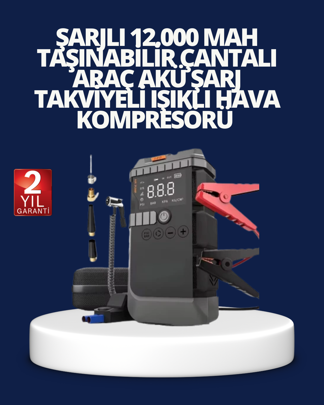 1-33 Şarjlı 12000 mAh Araç Akü Takviye ve Hava Kompresörü 4’ü 1 Arada - Vipsepet - Görsel 1