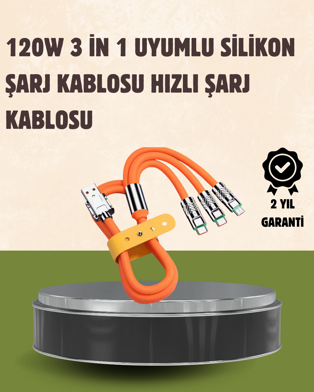 1-44 120 W Şarj ve Veri Aktarımı Kablo– 3 Başlıklı Çok Amaçlı Kablo Yüksek Hızlı - Vipsepet - Görsel 1