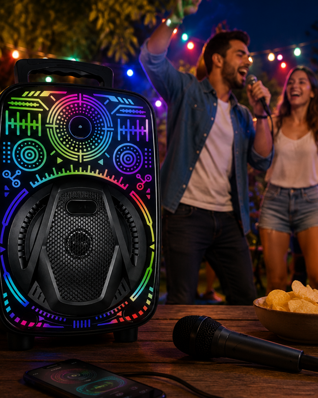 1-44 8 İnç Taşınabilir Karaoke Hoparlör Mikrofonlu RGB Işıklı Bluetooth Speaker - Vipsepet - Görsel 1