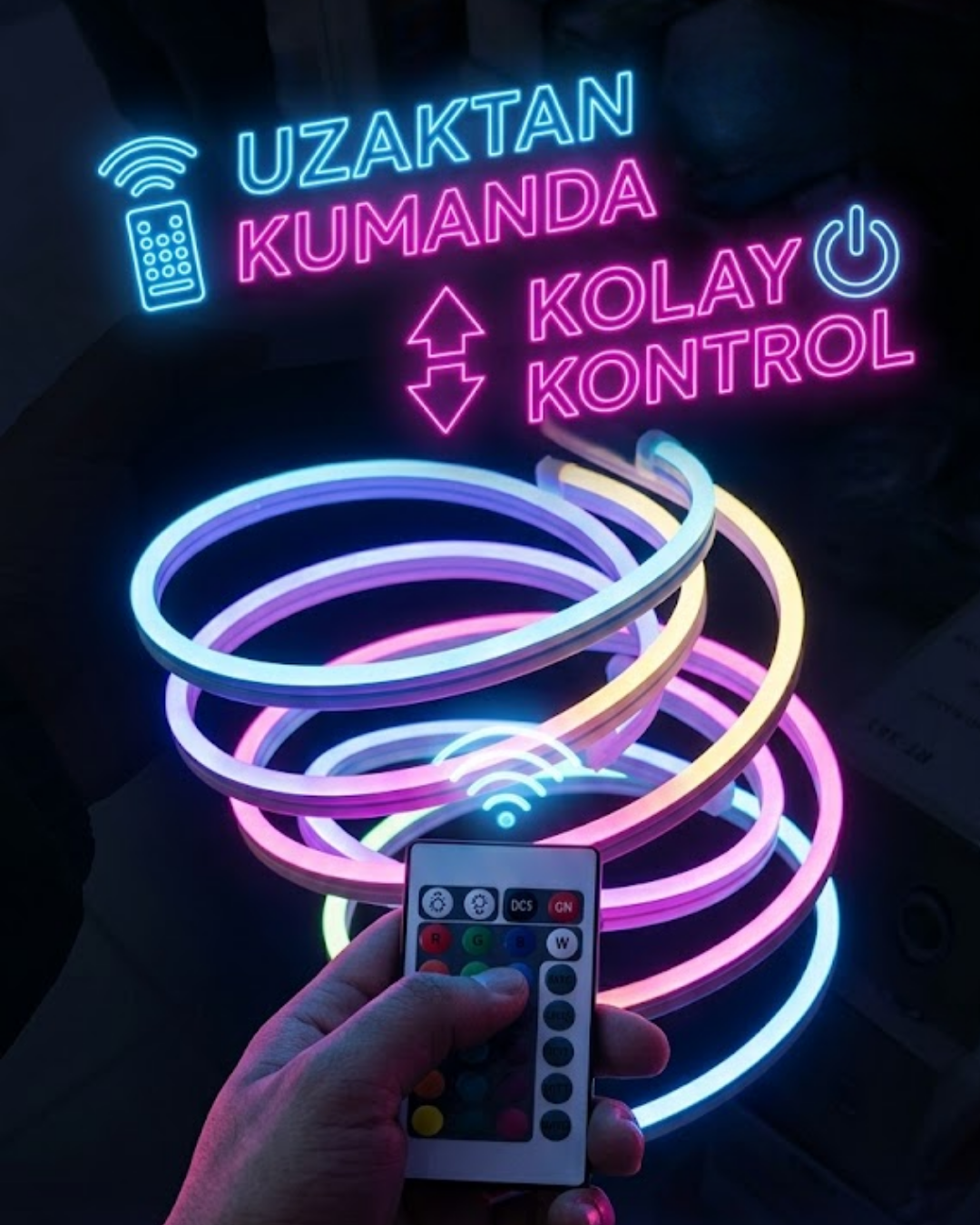 1-45 RGB Akıllı LED Neon Şerit Işık 3 Metre Uzaktan Kumandalı ve Telefon Kontrollü Renkli Aydınlatma - Vipsepet - Görsel 1