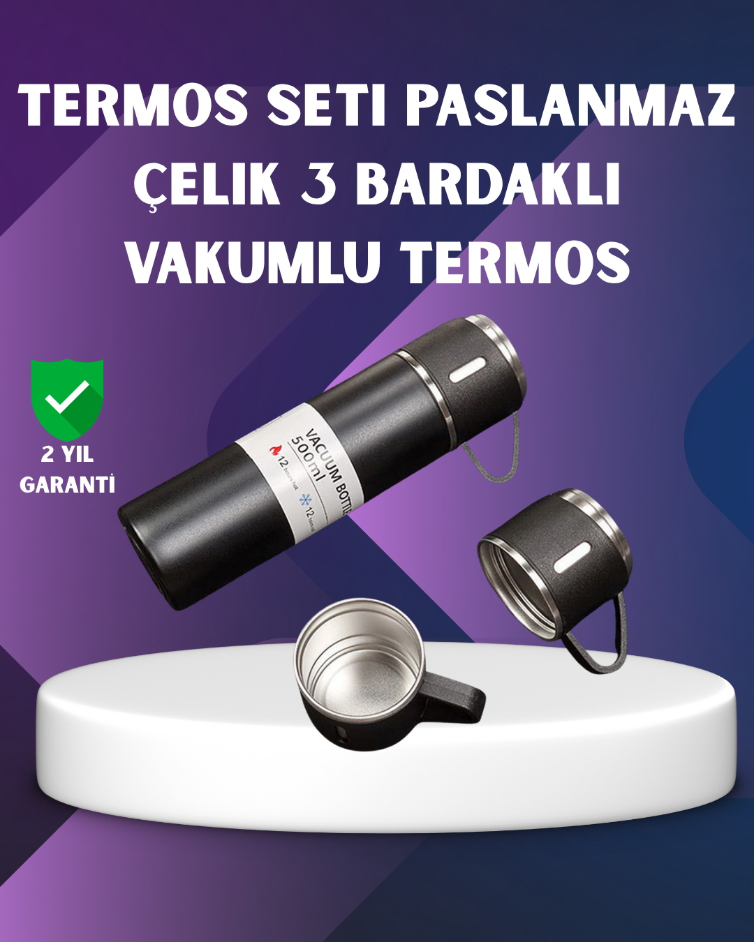 1-52 Paslanmaz Termos ve İkili Bardak Seti | 6-12 Saat Sıcak/Soğuk Tutma - Vipsepet - Görsel 1