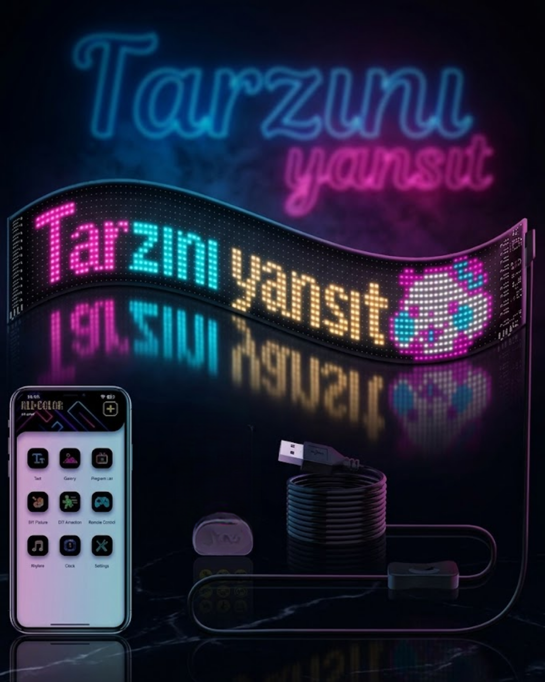 1-57 RGB LED Matrix Panel Esnek Yapı Uygulama Kontrollü Kayan Yazı Ekranı - Vipsepet - Görsel 1