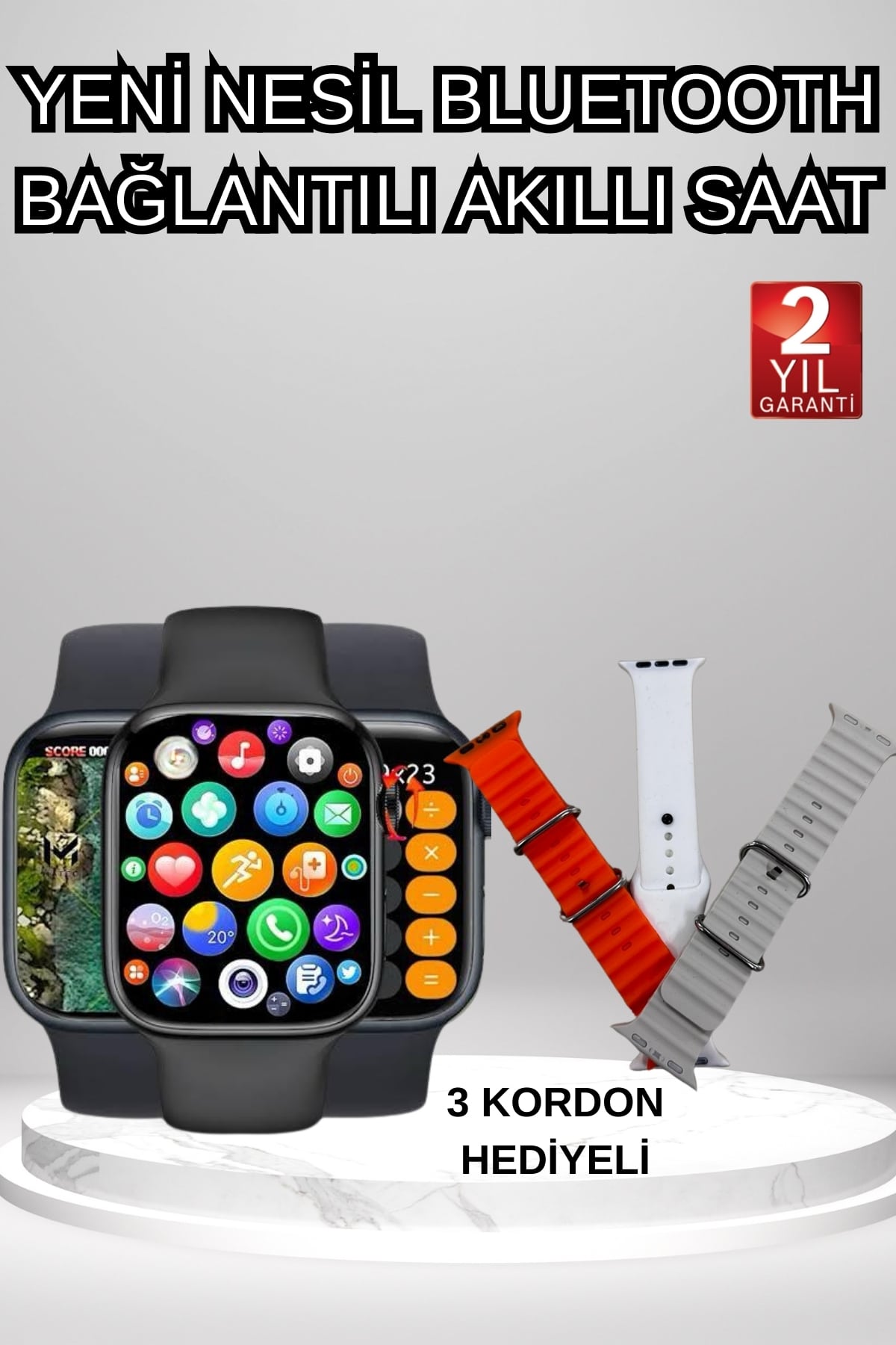 1-59 Akıllı Saat Arama Görüşme Bildirim Görme Uyku ve Sağlık Takibi Nabız Ölçer 3 Kordon Hediyeli - Vipsepet - Görsel 1