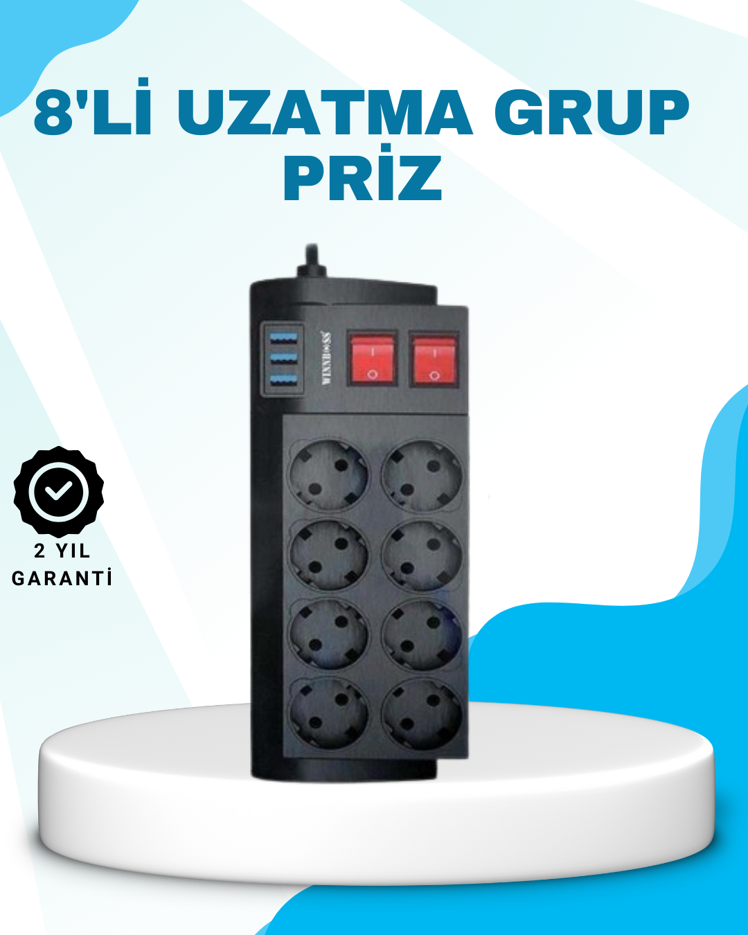 1-6 Isıya Dayanıklı Termal Akım Korumalı 8'li Priz ve 3 USB Girişli Uzatma Kablosu - Vipsepet - Görsel 1