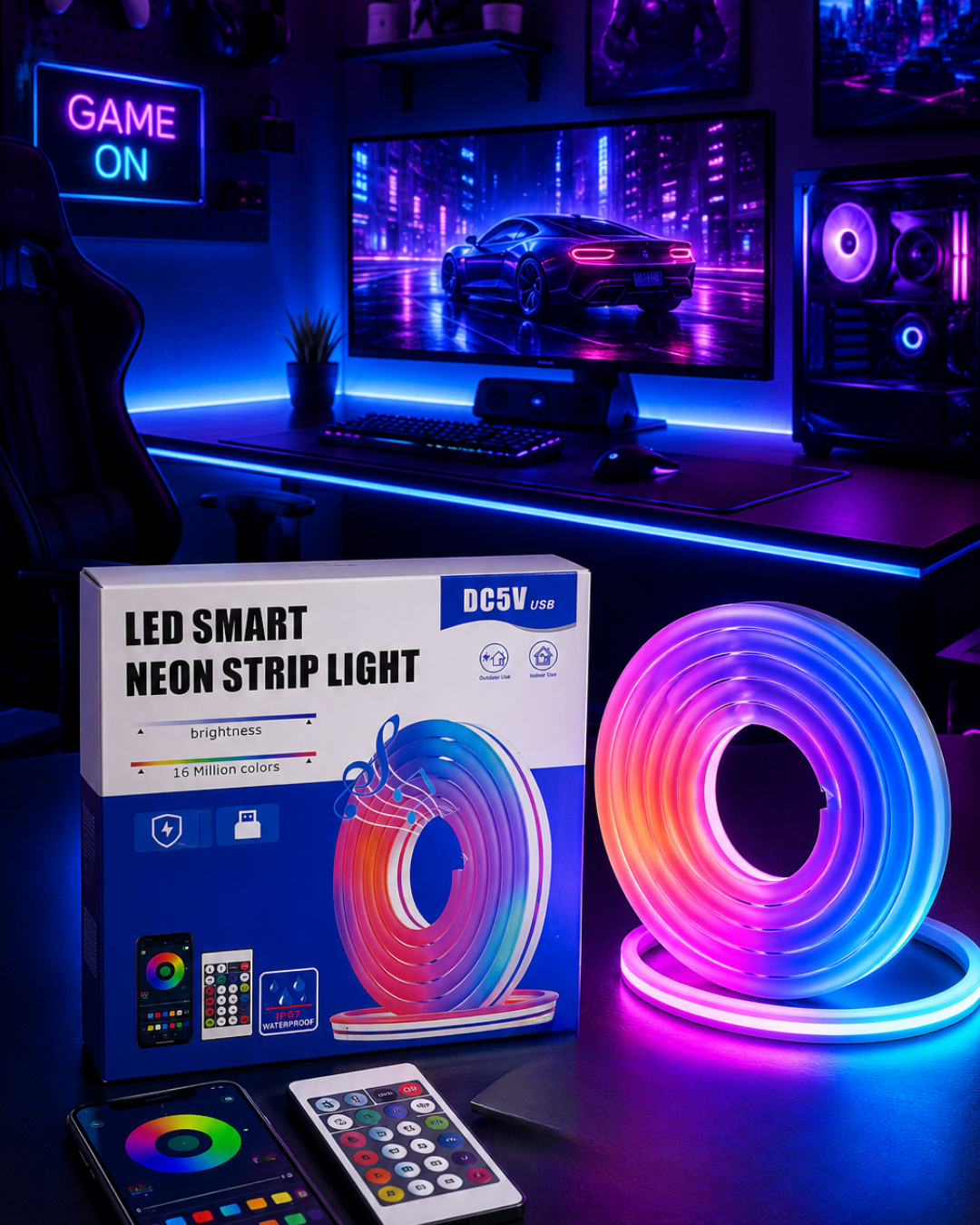 1-68 RGB Neon Led Şerit Işık Kumandalı USB Girişli Su Geçirmez Şerit Led - Vipsepet - Görsel 1