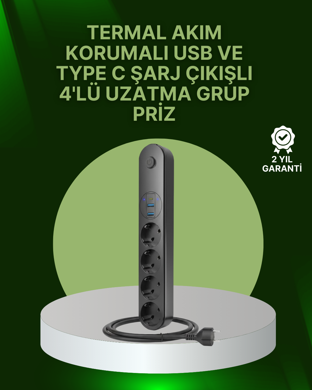 1-88 4 Priz 2 USB 1 Type-C Akım Korumalı Çoklu Priz Led Anahtarlı - Vipsepet - Görsel 1