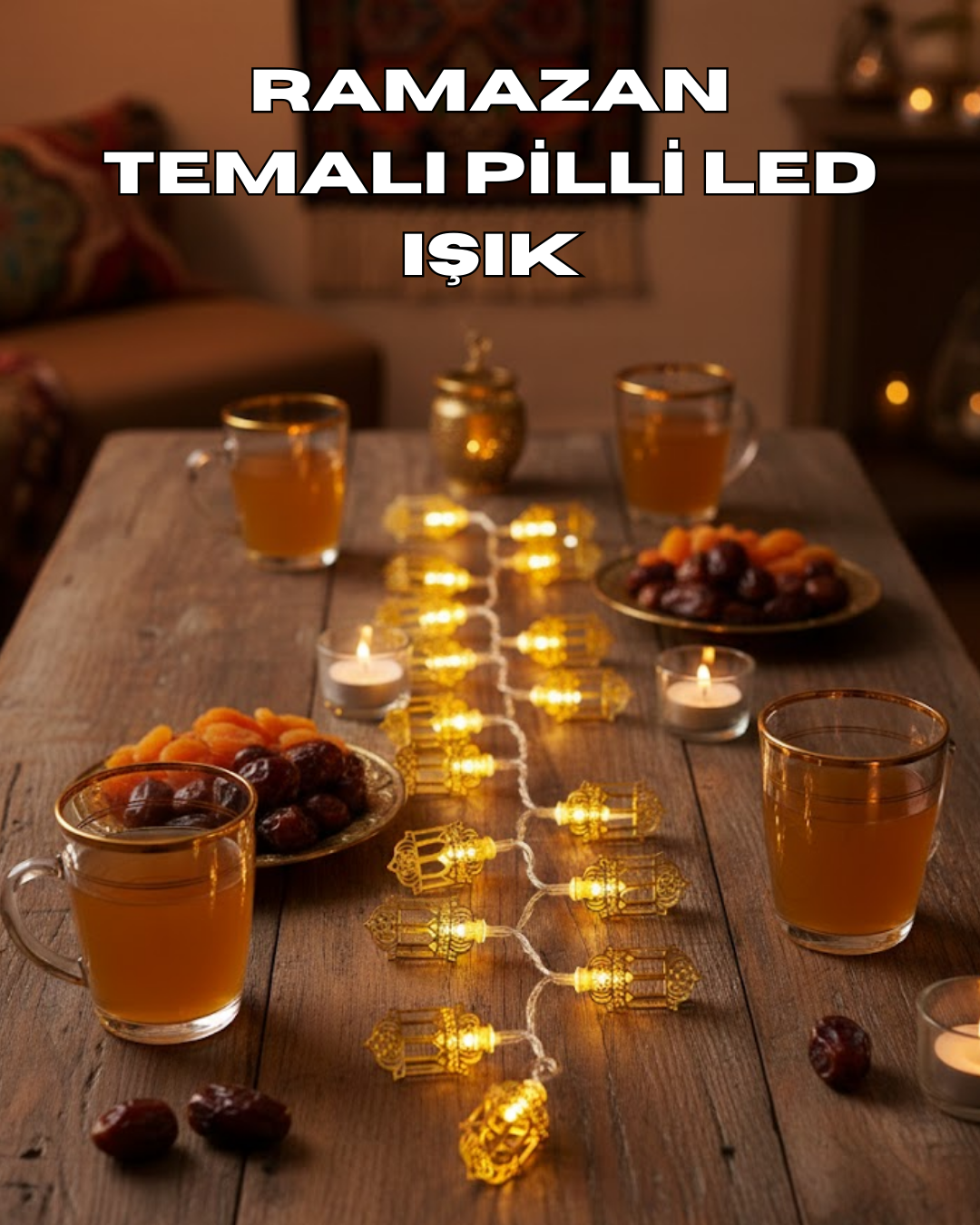 1-94 Ramazan Işıkları Pilli Altın Fener Tasarımlı Dekoratif LED Aydınlatma - Vipsepet - Görsel 1