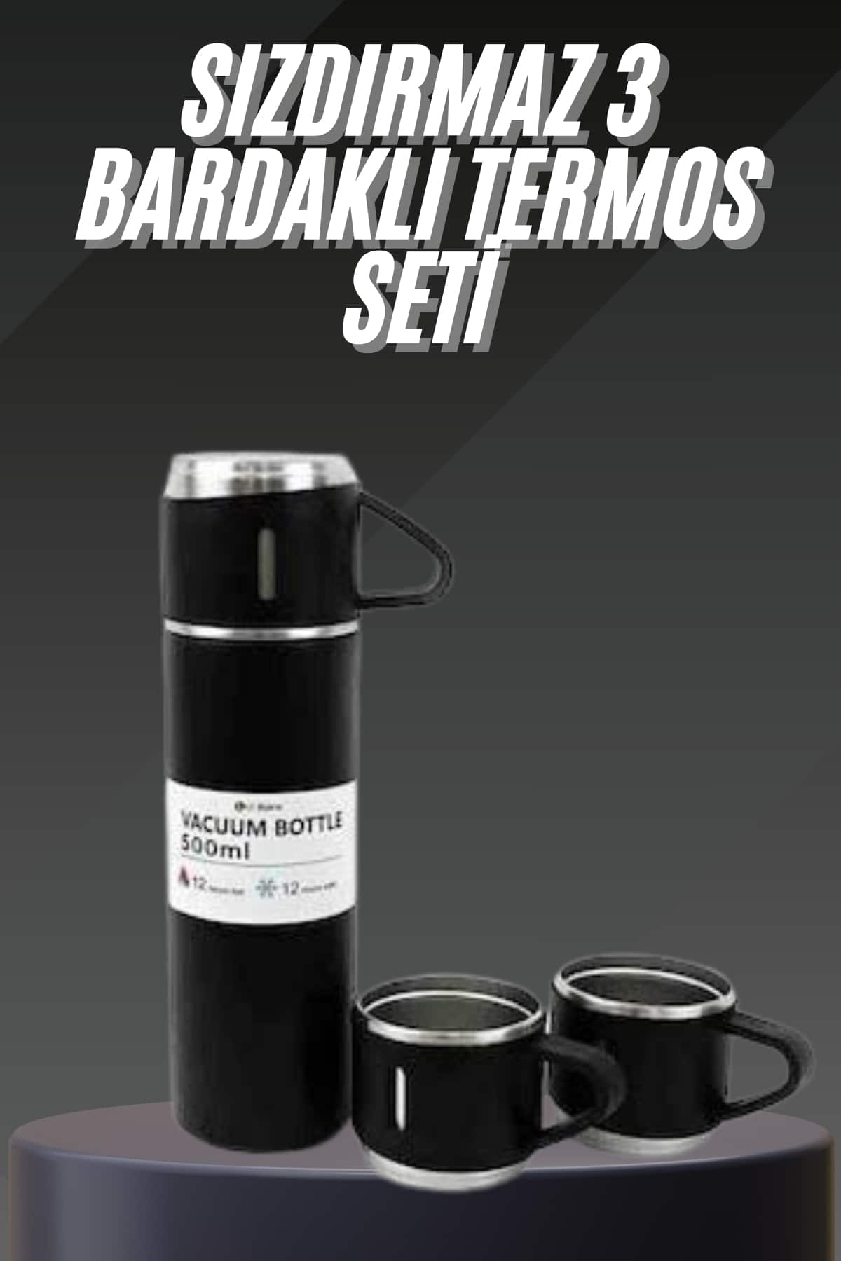 11-75 Termos Seti Paslanmaz Çelik 3 Bardaklı Vakumlu Termos Set 500 Ml 12 Saate Kadar Isı Koruma - Vipsepet - Görsel 1