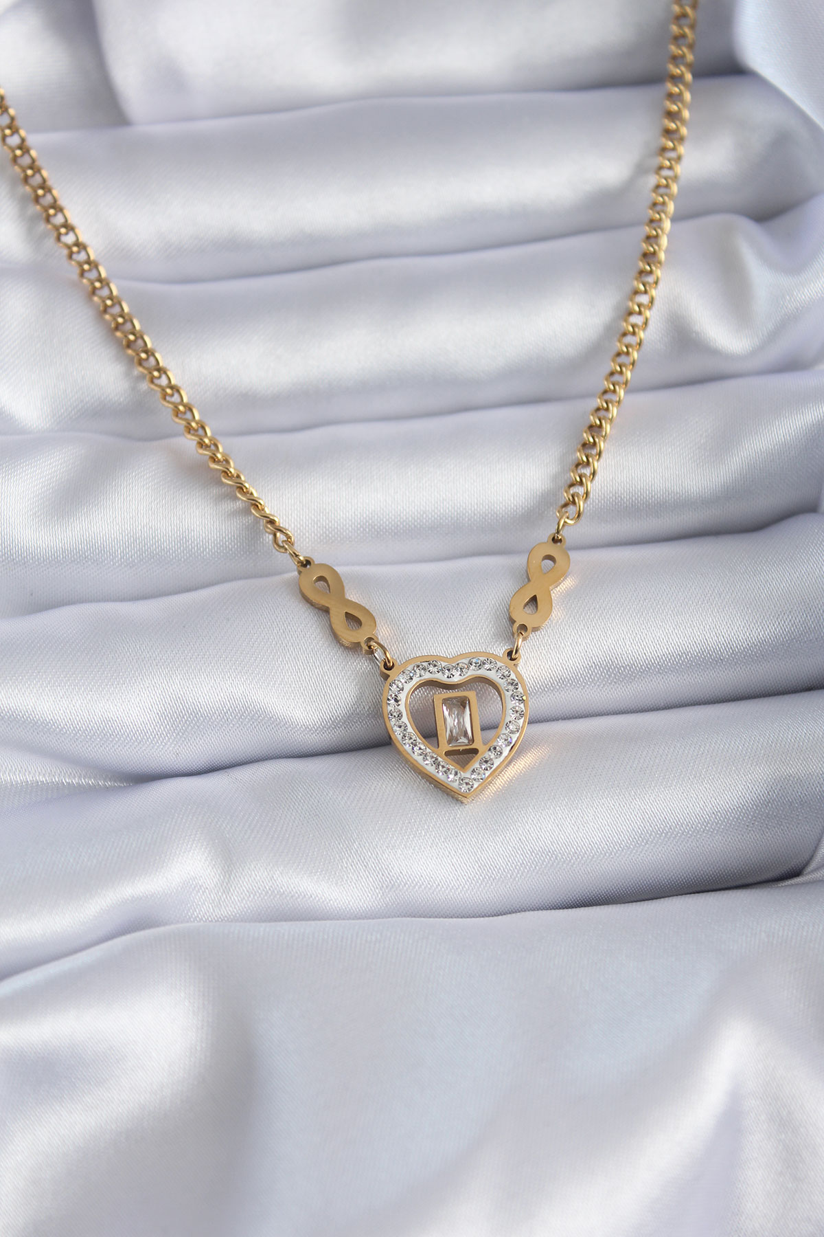 1699448723-bko7789 316L Çelik Gold Renk Zirkon Taşlı Kalp Model Sonsuzluk Detay Kadın Kolye - Vipsepet - Görsel 1