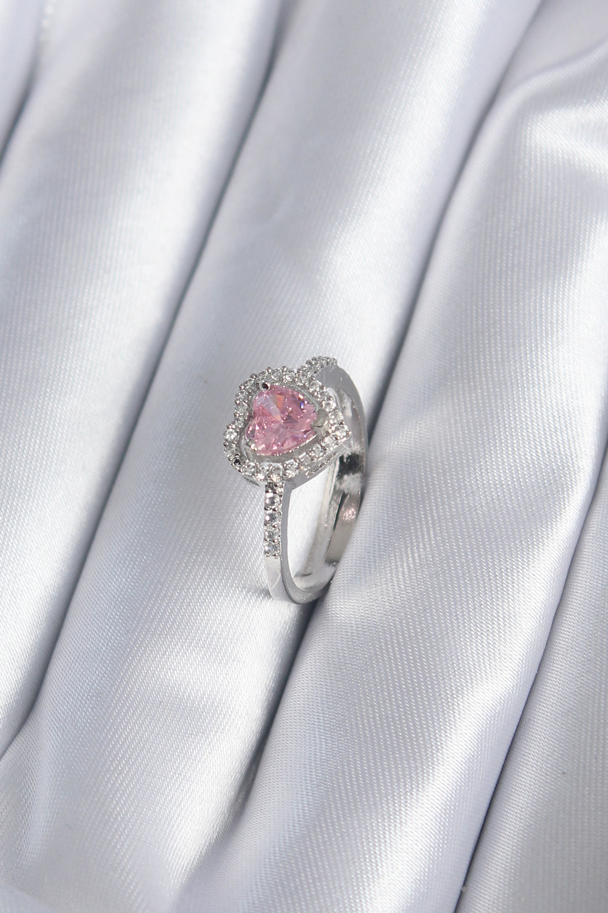 1702560495-byk2859 Pirinç Gümüş Renk Pembe Zirkon Taş Kalp Charm Model Kadın Yüzük - Vipsepet - Görsel 1