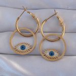 316L Çelik Gold Renk Zirkon Taşlı Mavi Göz Tasarımlı Halka Küpe - Vipsepet