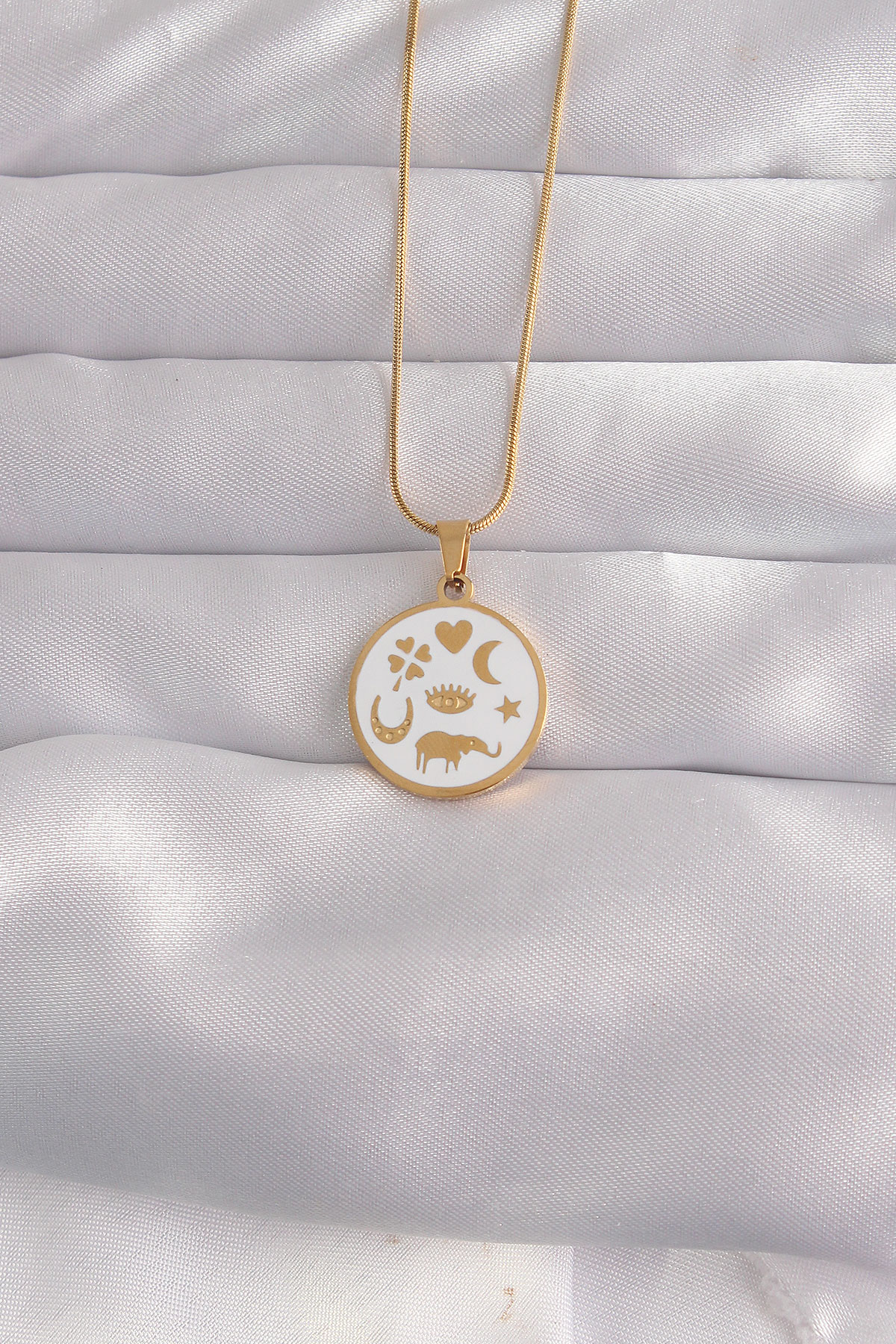 1724773468-bko9041-1 316L Çelik Gold Renk Beyaz Mineli Karışık Figürlü Tarot Kolye - Vipsepet - Görsel 1