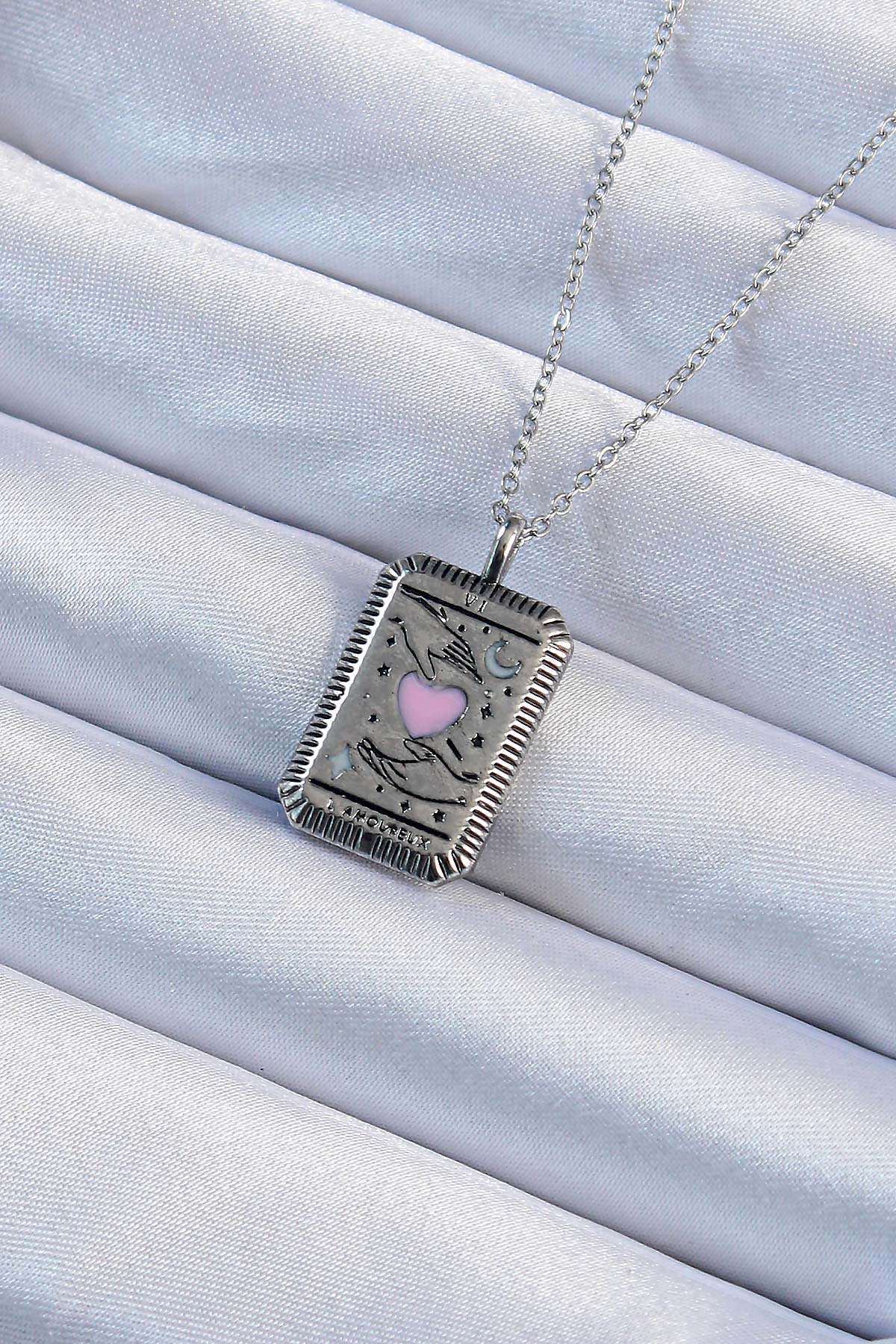 1726835745-bko9232-1 316L Çelik Zincir Eskitme Gümüş Renk Pembe Mineli Kalp Figürlü Tarot Kolye - Vipsepet - Görsel 1