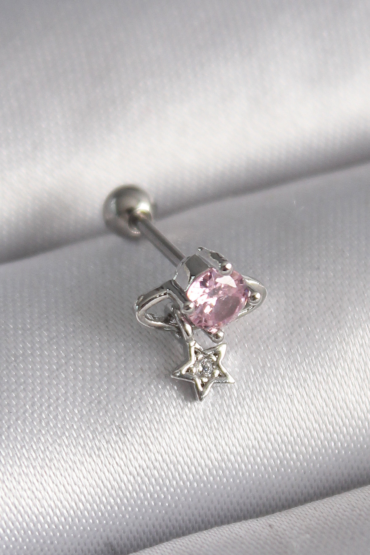 1732273542-pr1237 316L Çelik Gümüş Renk Pembe Zirkon Taşlı Sallantı Yıldız Detay Tragus Piercing - Vipsepet - Görsel 1