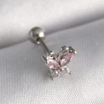 316L Çelik Gümüş Renk Pembe Zirkon Taşlı Kelebek Tragus Piercing - Vipsepet