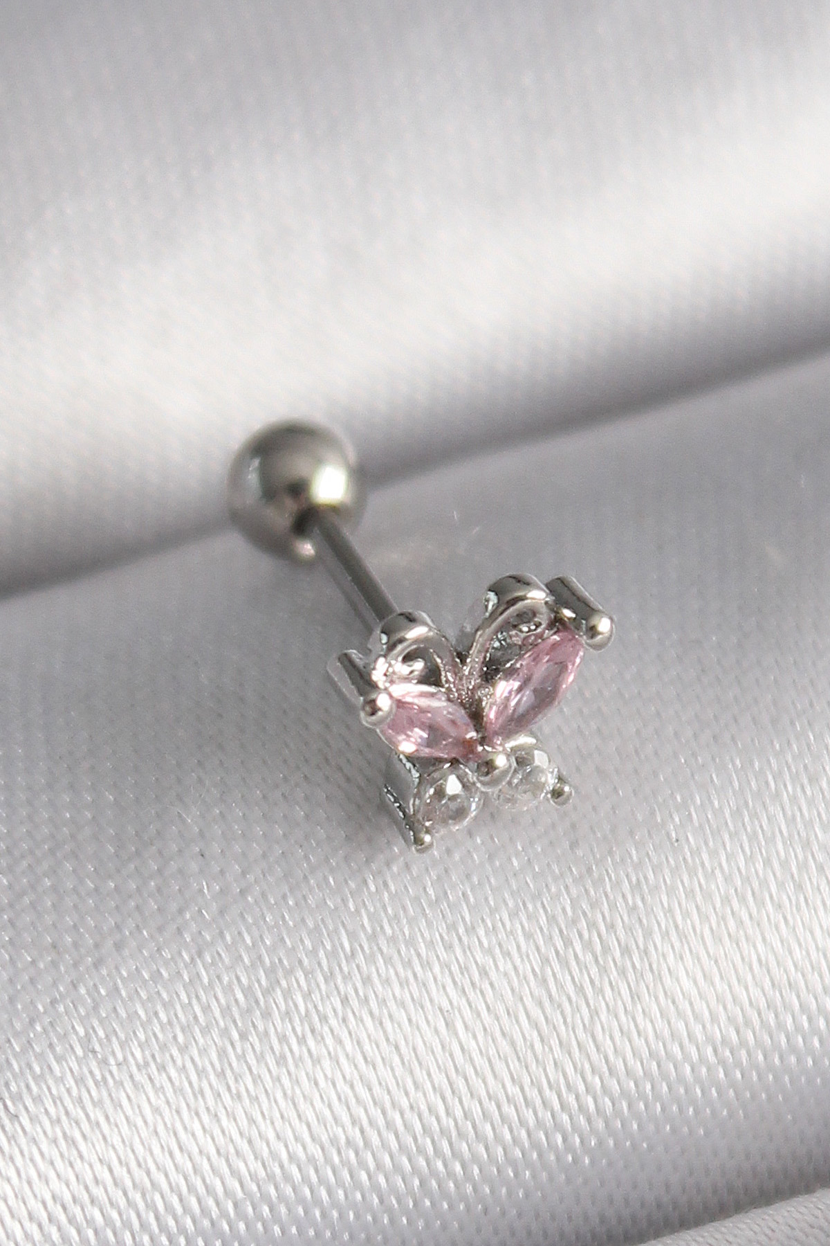 1732273825-pr1241 316L Çelik Gümüş Renk Pembe Zirkon Taşlı Kelebek Tragus Piercing - Vipsepet - Görsel 1