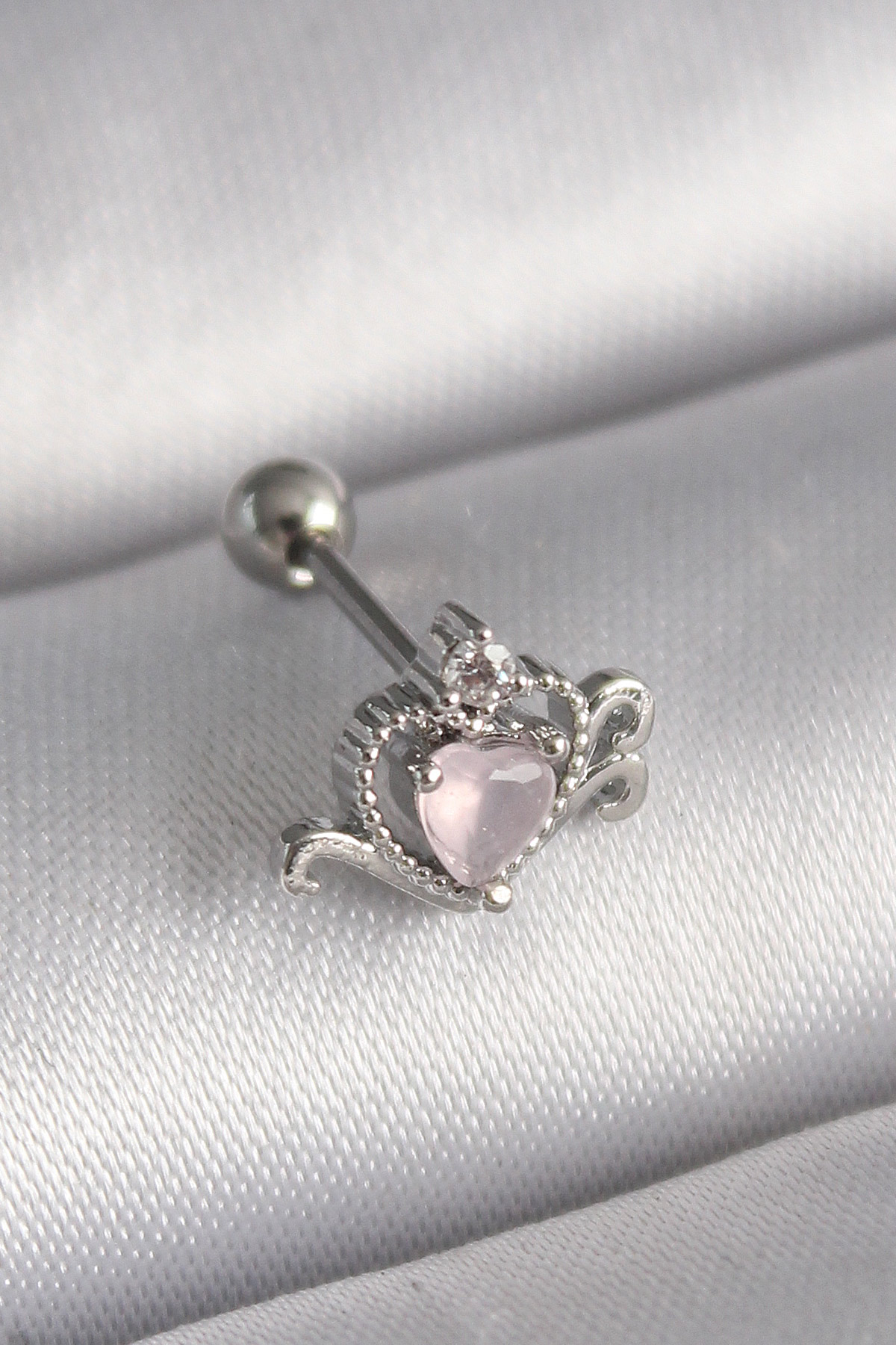 1732275258-pr1261 316L Çelik Gümüş Renk Pembe Mineli Kalp Zirkon Taş Detay Tragus Piercing - Vipsepet - Görsel 1