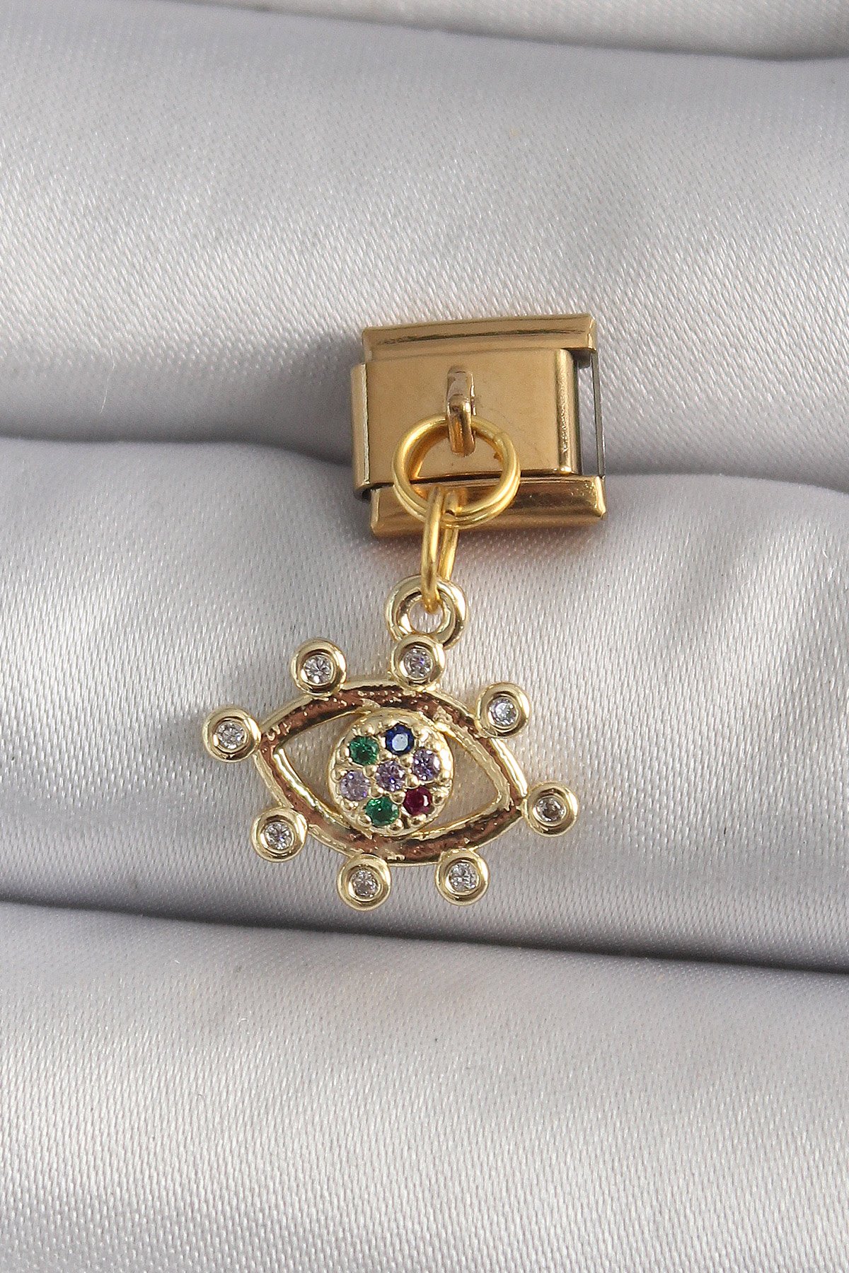 1736239266-bc1195 316L Çelik Gold Renk Sallantı Zirkon Taşlı Göz Model Nomination Charm - Vipsepet - Görsel 1