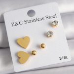 316L Çelik Gold Renk Zirkon Taşlı Kalpli Kadın Küpe Seti - Vipsepet