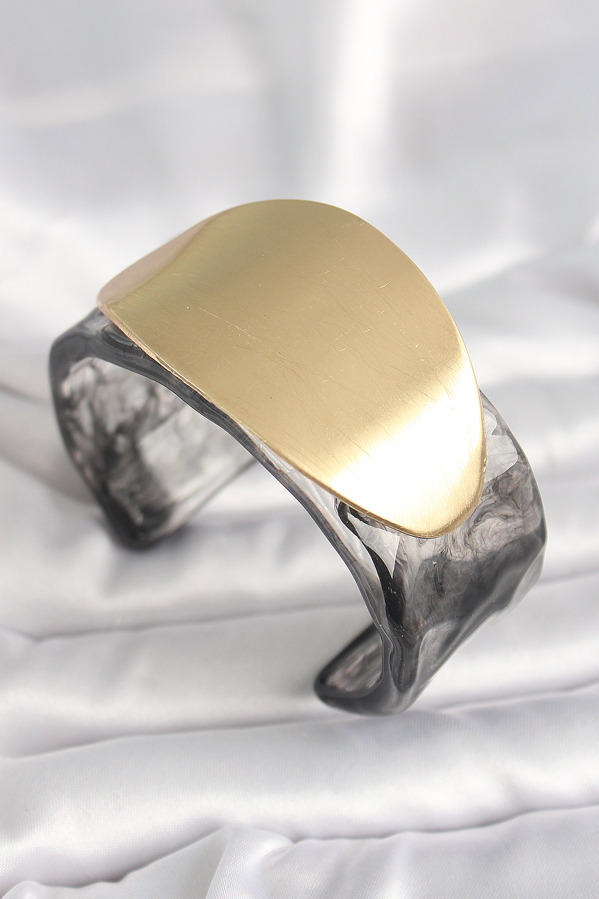 1738076594-bb6683 Siyah Mermer Desen Akrilik Plastik Gold Oval Plaka Model Vintage Kadın Bilezik - Vipsepet - Görsel 1